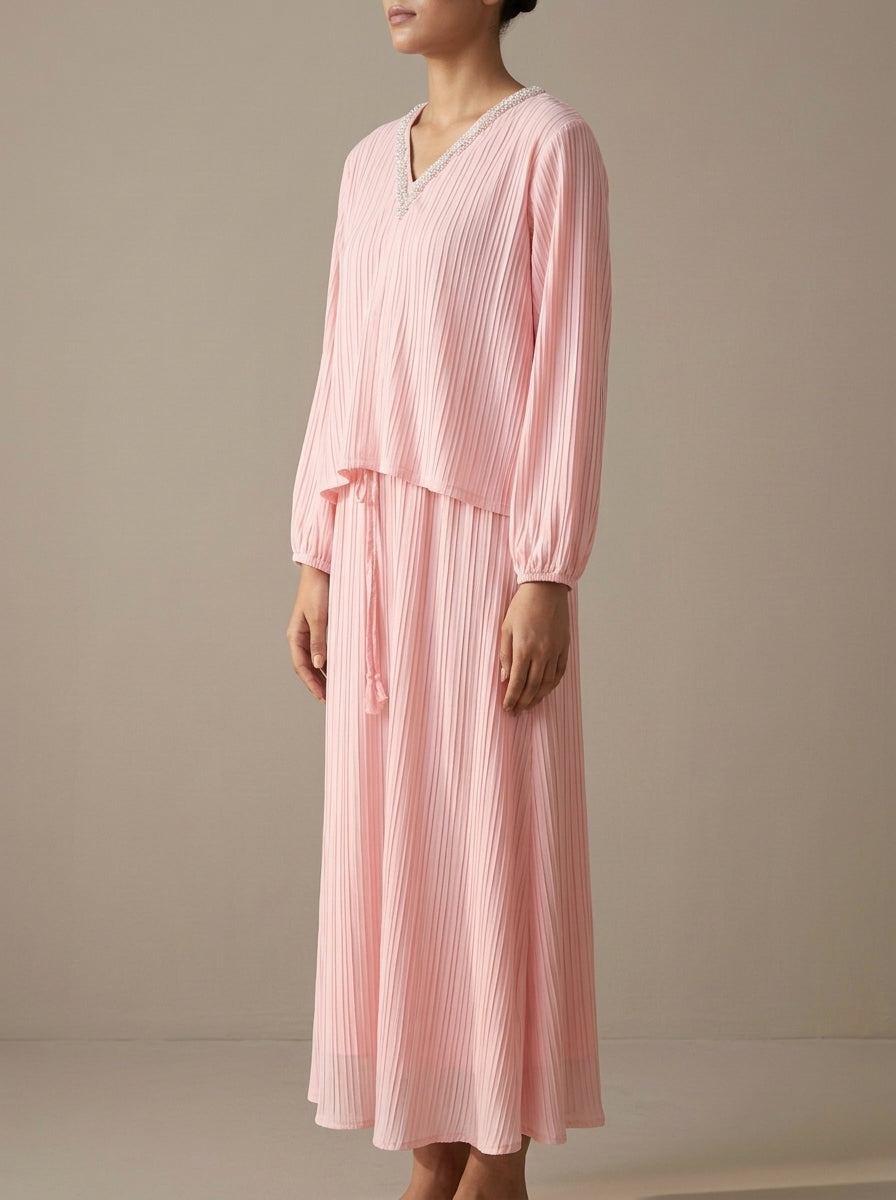 Embellished Neckline Crinkle Textured Co-Ord Set