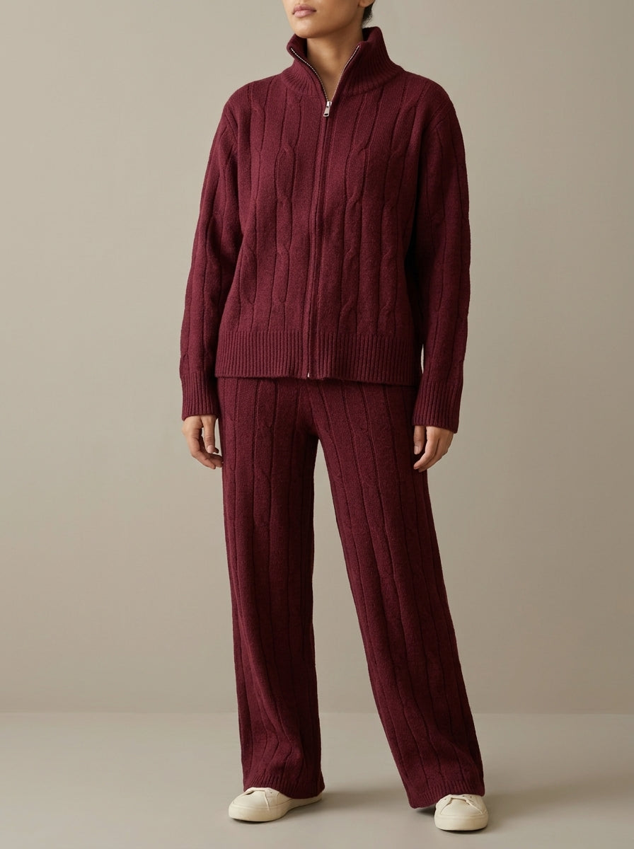 Cable-Knit High-Neck Zip Jacket with Matching Trousers Set