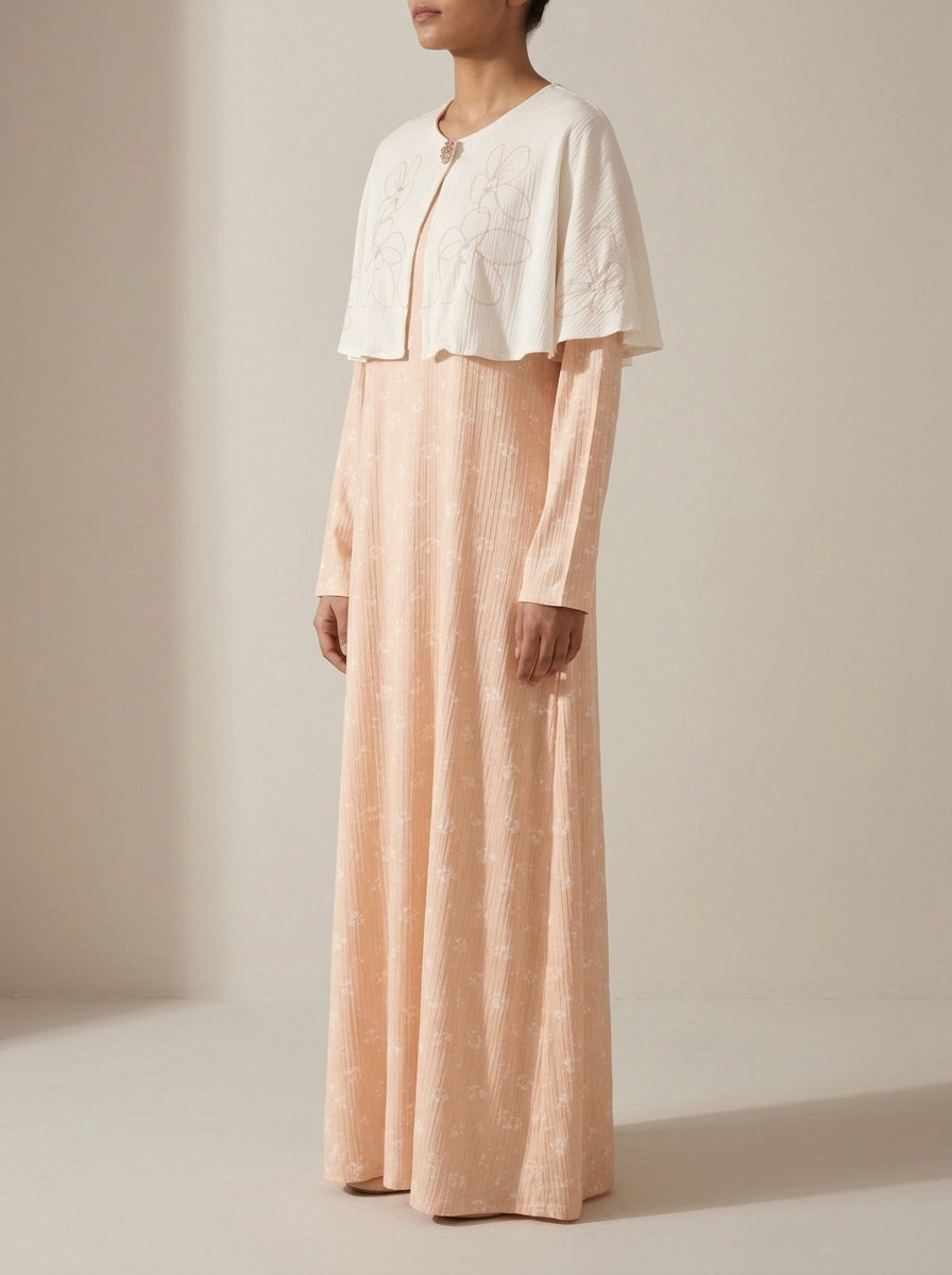 Embellished Cape Overlay Printed Maxi Dress