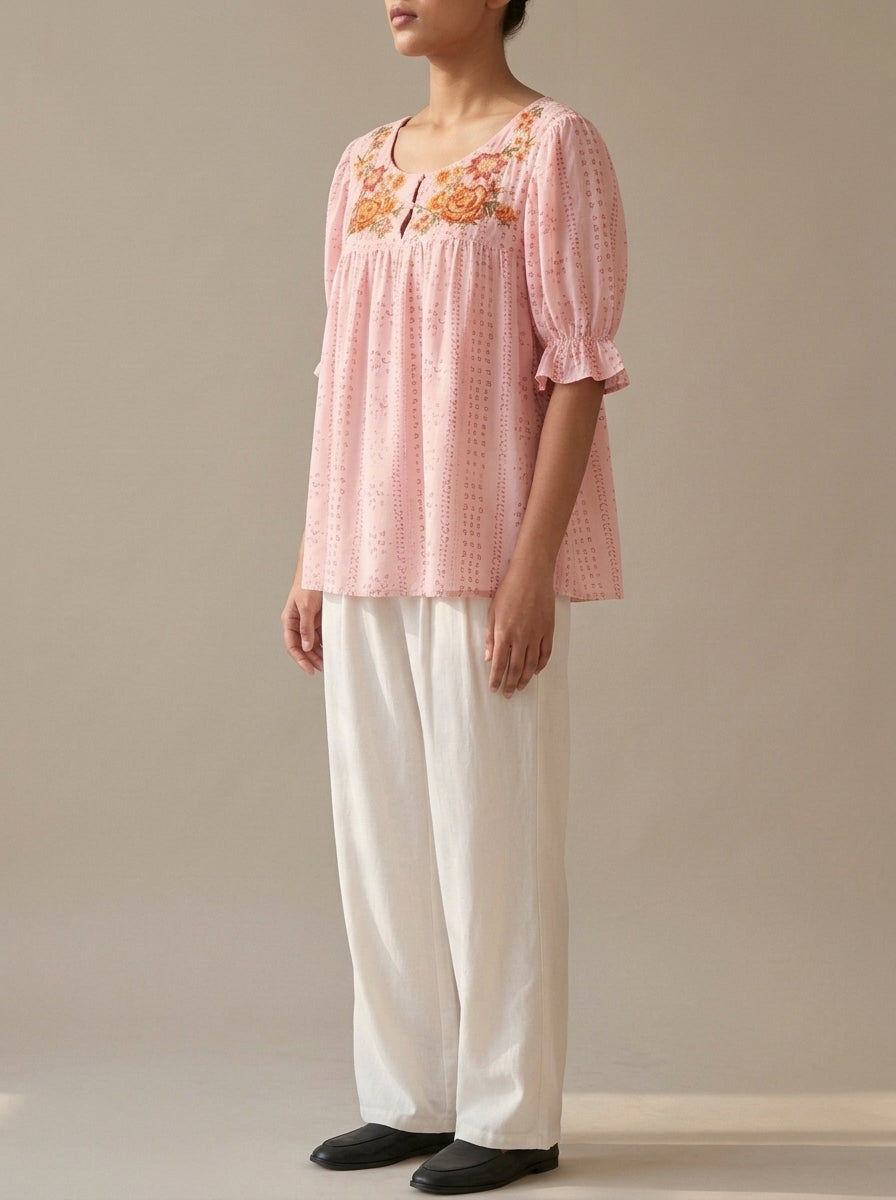 Floral Embroidered Keyhole Top