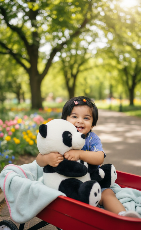 Child holding a panda plush toy in a red wagon with a park background