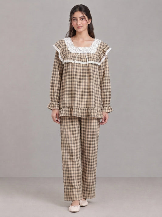 Lace-Trimmed Plaid Lounge Set