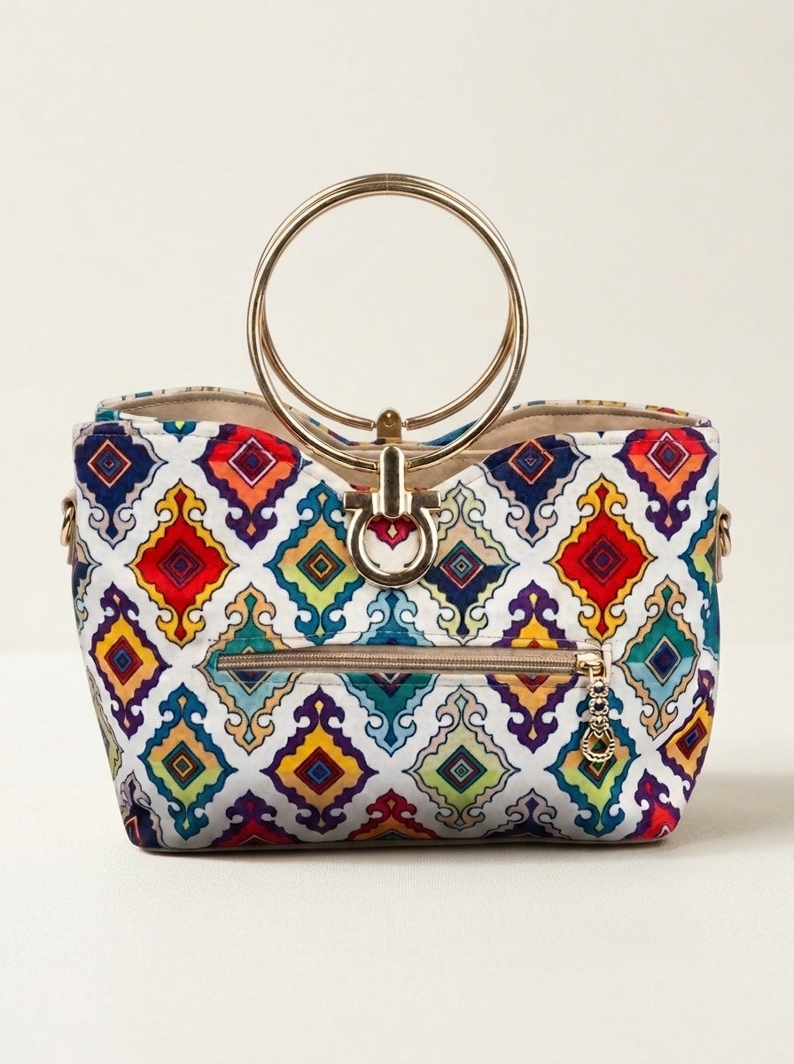 Ethnic Printed Ring Handle Handbag