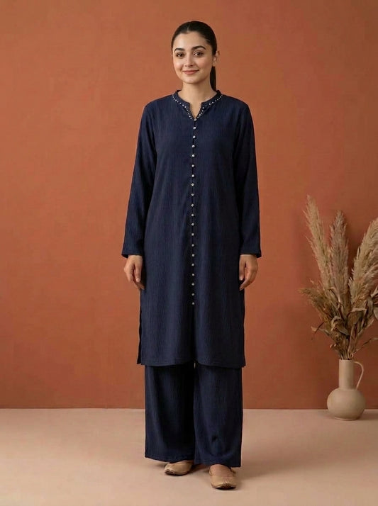 Textured Embellished Long Tunic & Wide-Leg Trouser 2-Piece Co-ord Set