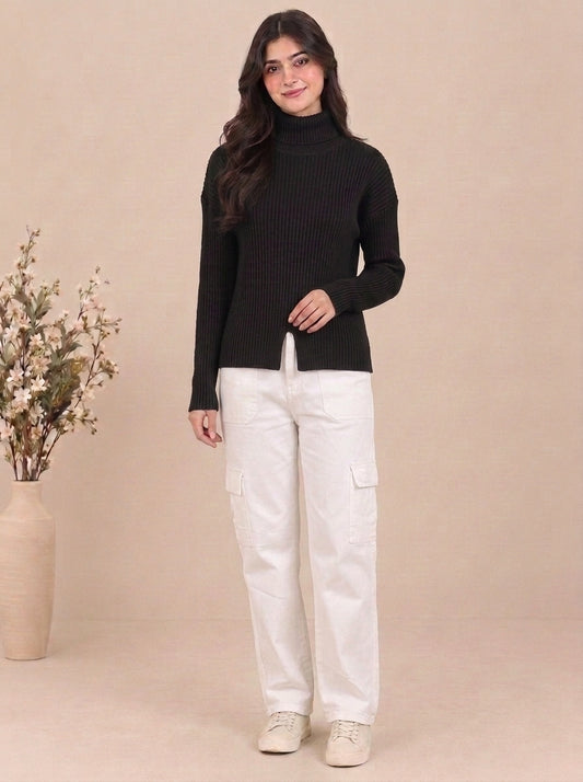 Ribbed Turtleneck Knit Sweater with Front Slit
