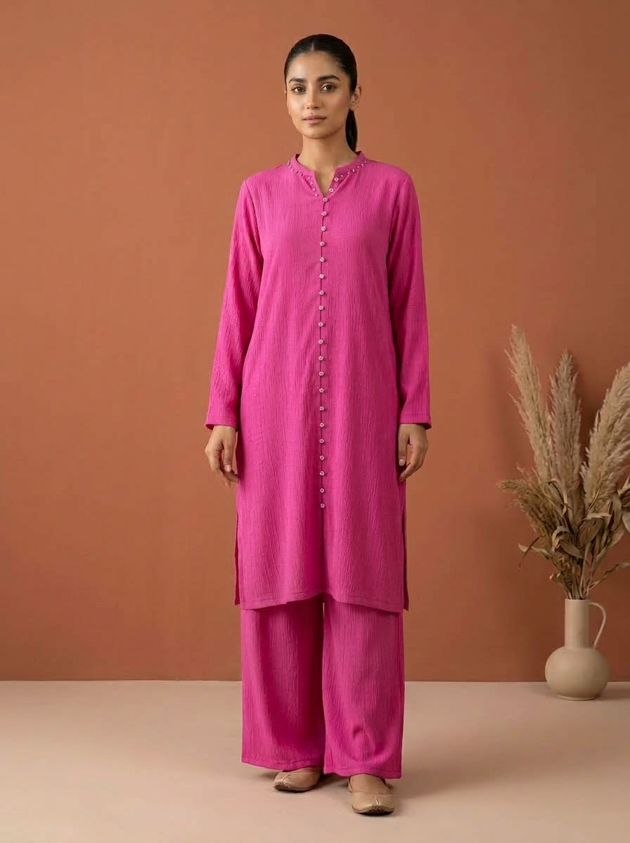 Textured Embellished Long Tunic & Wide-Leg Trouser 2-Piece Co-ord Set