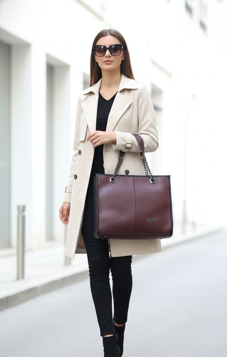 Woman holding a burgundy handbag in an indoor setting