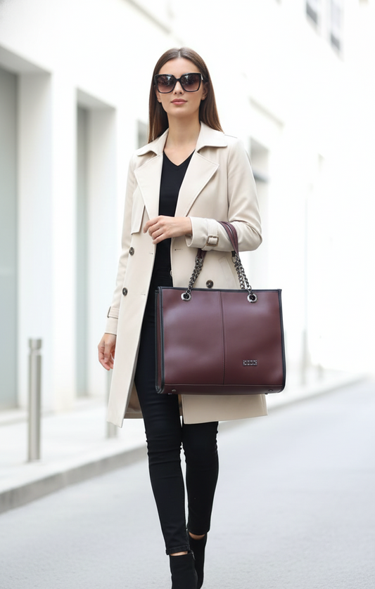 Woman holding a burgundy handbag in an indoor setting