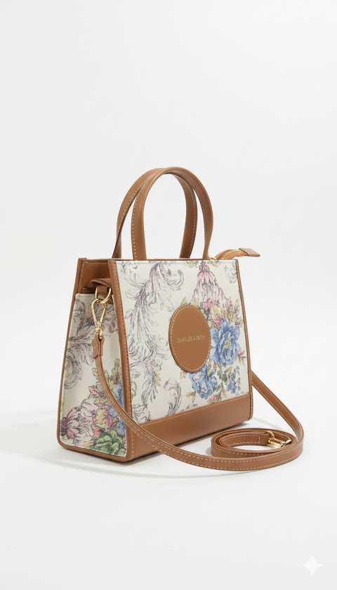 Handbag with floral design and brown strap on a white background