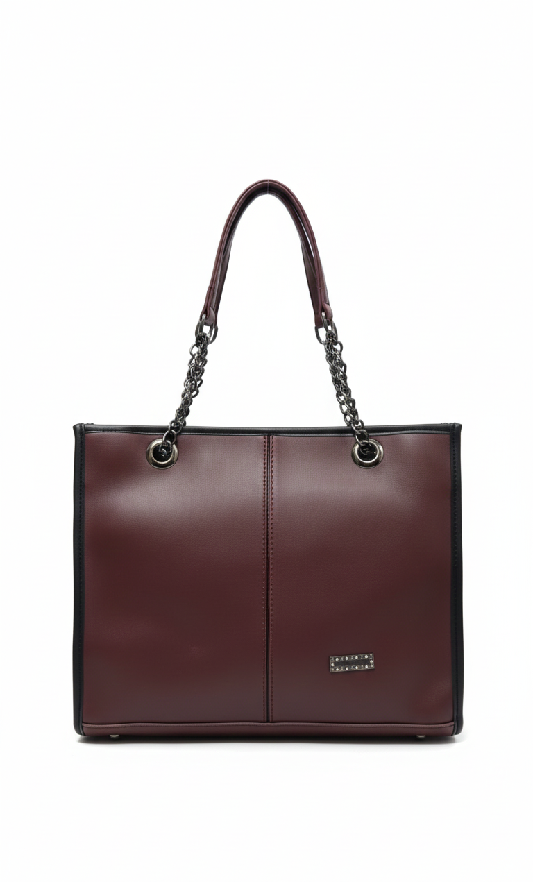 Burgundy handbag with chain detail on a white background