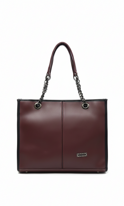 Burgundy handbag with chain detail on a white background
