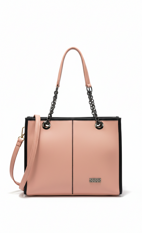 Two-tone handbag with pink and black design on a white background