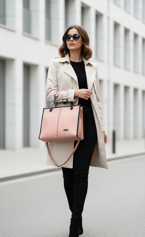 Woman in a beige coat with a pink handbag walking on a city street.