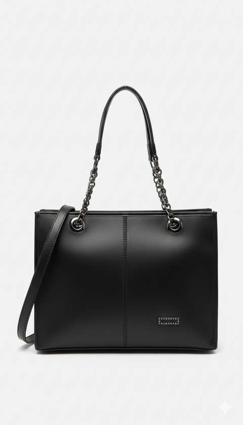 Black handbag with chain detail on a white background