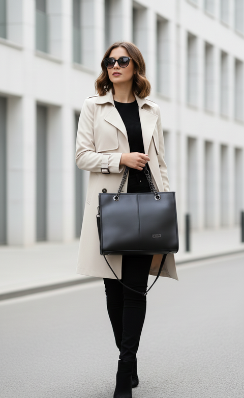 Woman in a beige coat holding a black handbag on a city street.