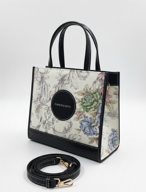 Floral patterned handbag with black accents on a white background