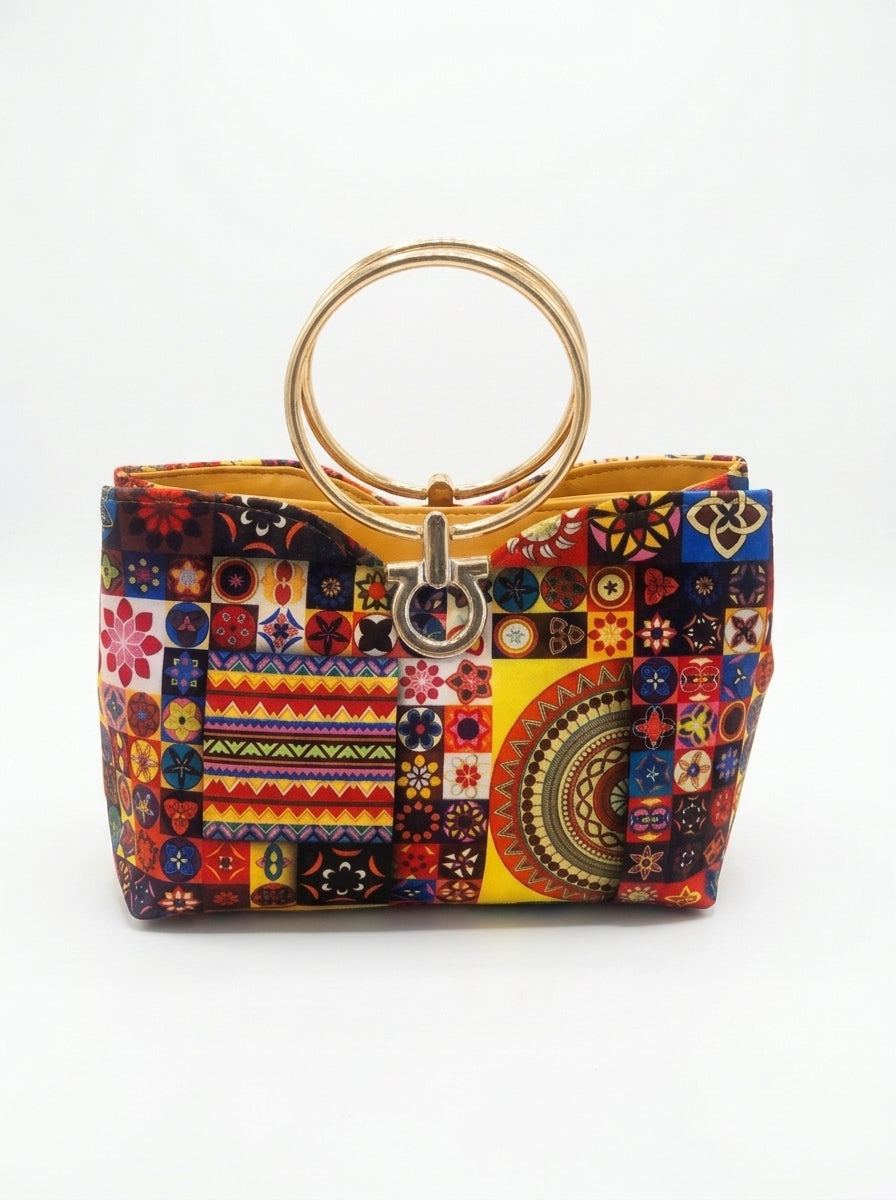 Ethnic Printed Ring Handle Handbag