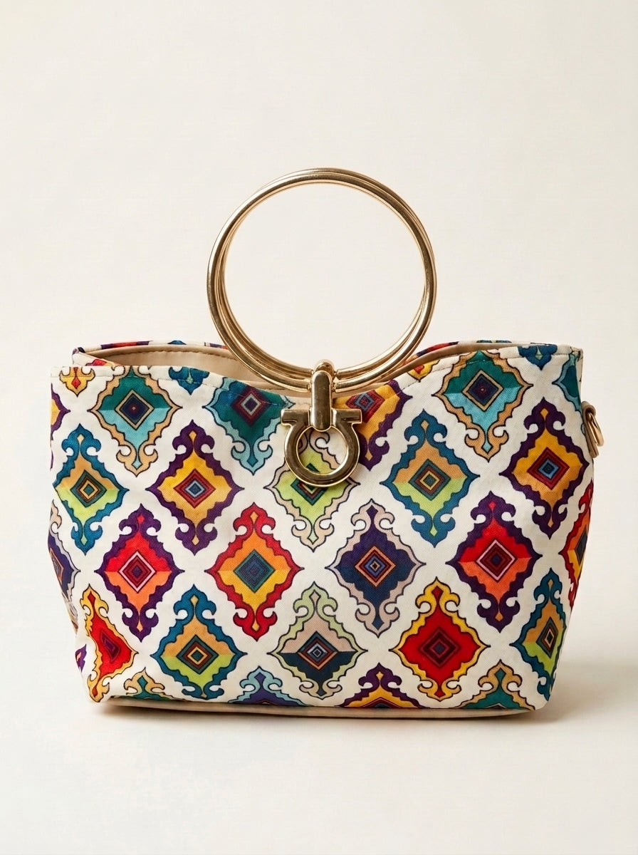 Ethnic Printed Ring Handle Handbag