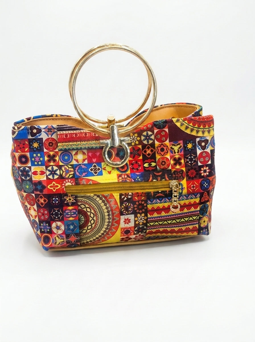 Ethnic Printed Ring Handle Handbag