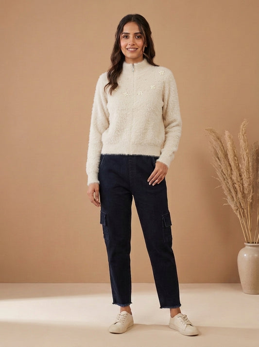 Pearl & Floral Embellished Fuzzy Knit Zip-Up Sweater