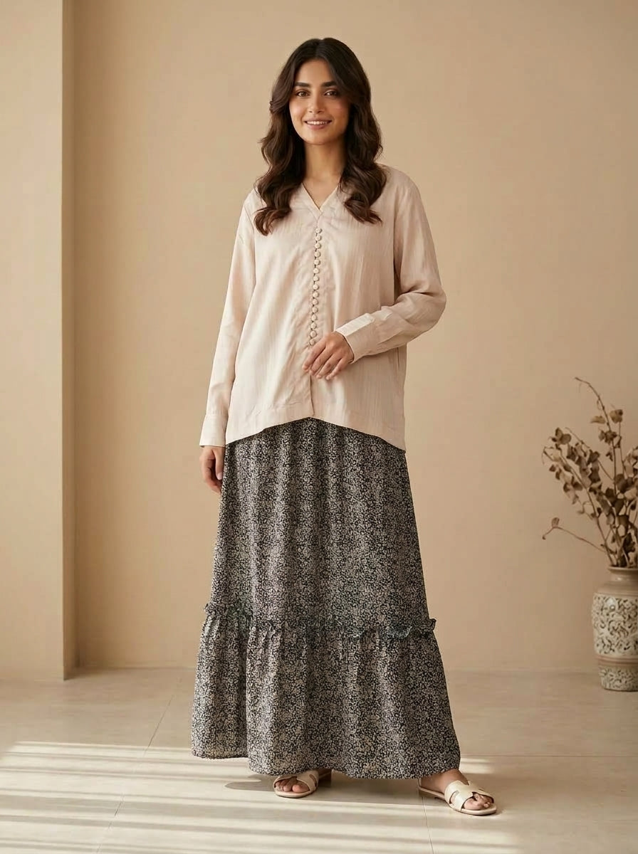 Textured Blouse & Ditsy Floral 2-Piece Co-ord Set