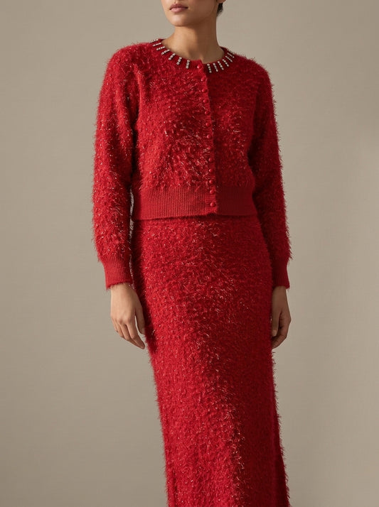 Embellished Feather-Effect Cardigan with Matching Bottom Wear