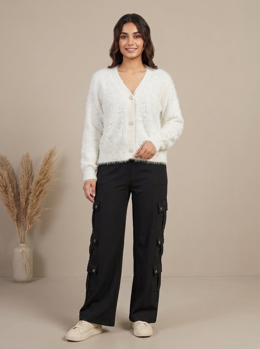 Pearl Embellished Plush Knit Cardigan