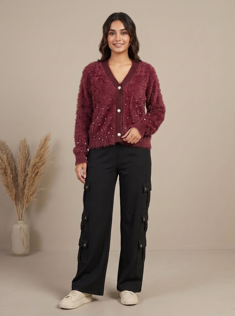 Pearl Embellished Plush Knit Cardigan