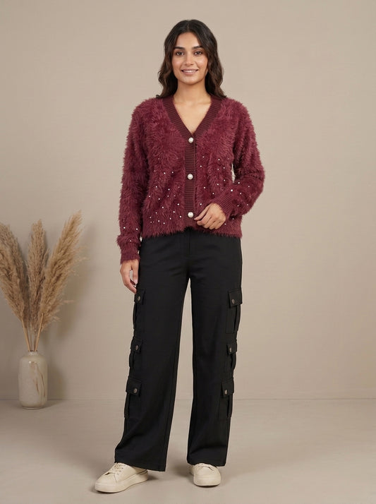 Pearl Embellished Plush Knit Cardigan