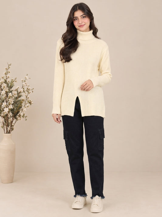 Ribbed Turtleneck Knit Sweater with Front Slit
