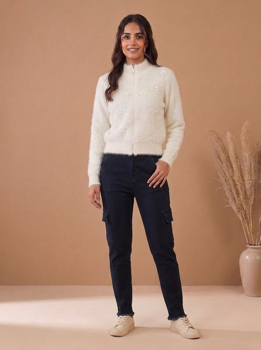 Pearl & Floral Embellished Fuzzy Knit Zip-Up Sweater