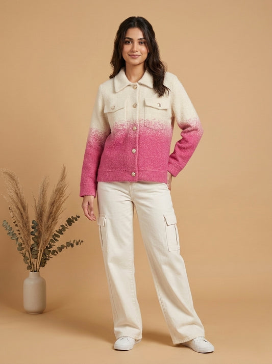 Dual-Tone Knit Button-Front Jacket