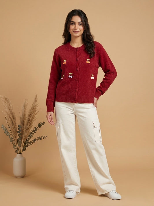 Cherry Embellished Plush Knit Cardigan