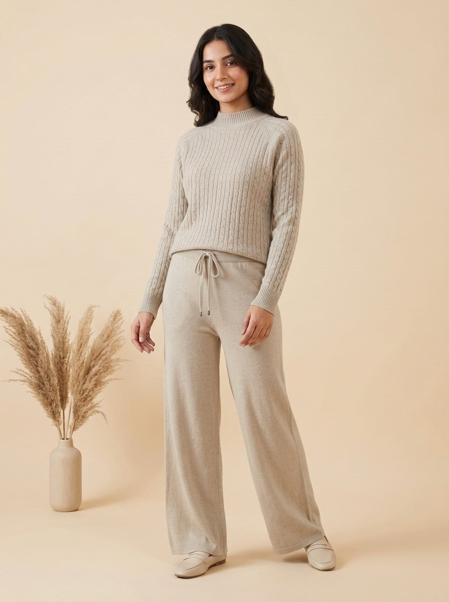 Cable-Knit Mock Neck Sweater & Drawstring Wide-Leg Trouser 2-Piece Co-ord Set