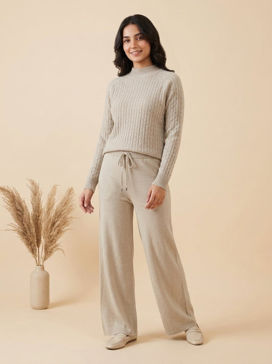 Cable-Knit Mock Neck Sweater & Drawstring Wide-Leg Trouser 2-Piece Co-ord Set