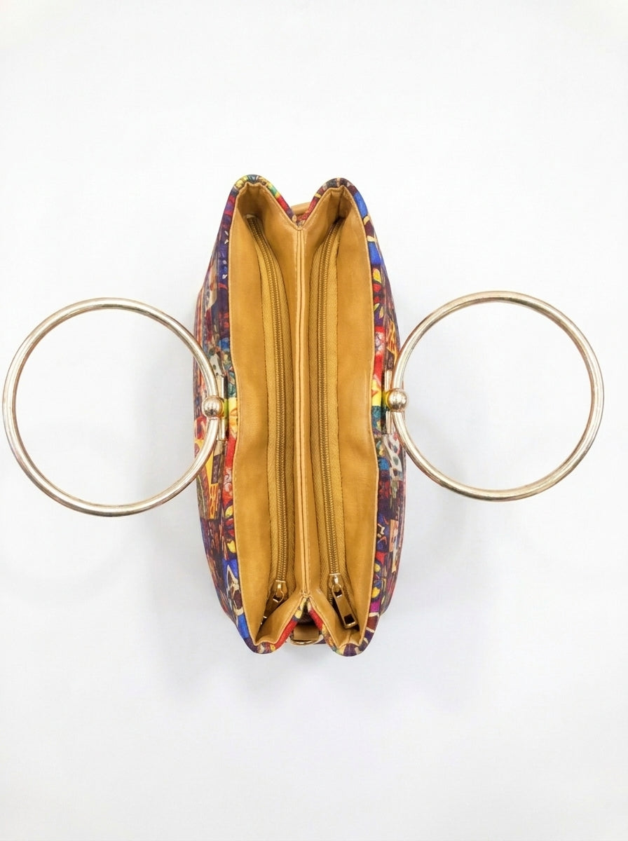Ethnic Printed Ring Handle Handbag