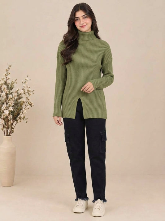 Ribbed Turtleneck Knit Sweater with Front Slit