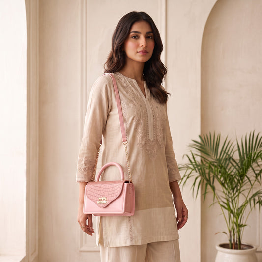 Crocodile Pattern Flap Top-Handle Handbag