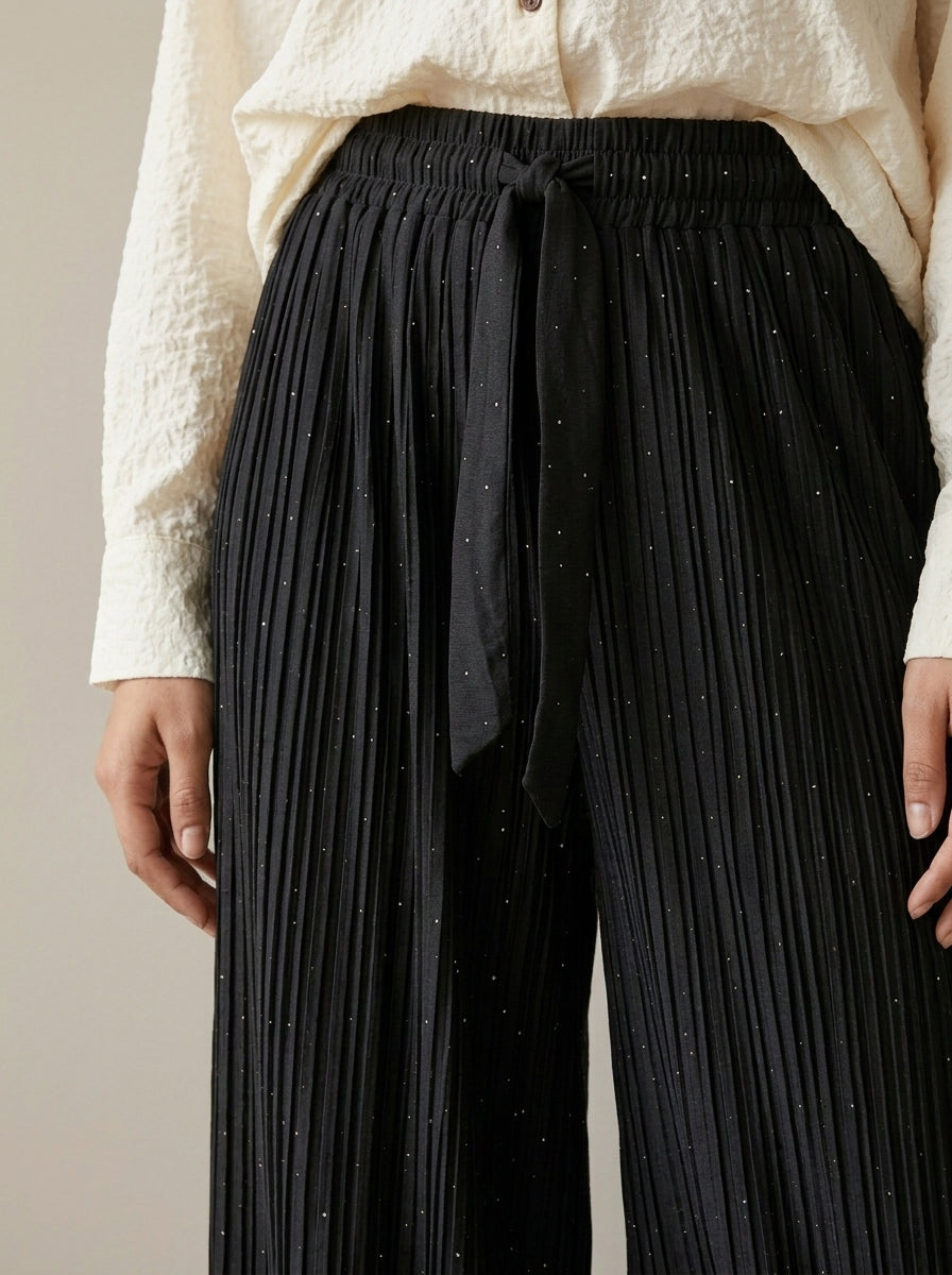 Sparkling Pleated Wide-Leg Trousers