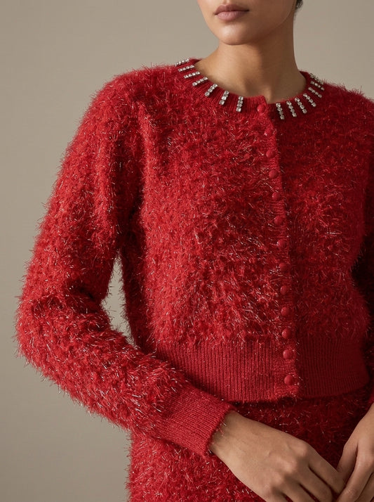 Embellished Feather-Effect Cardigan with Matching Bottom Wear