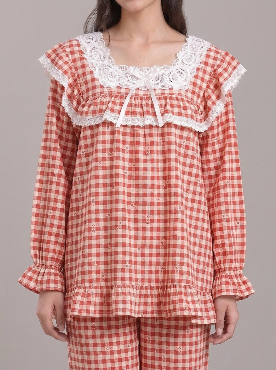 Lace-Trimmed Plaid Lounge Set