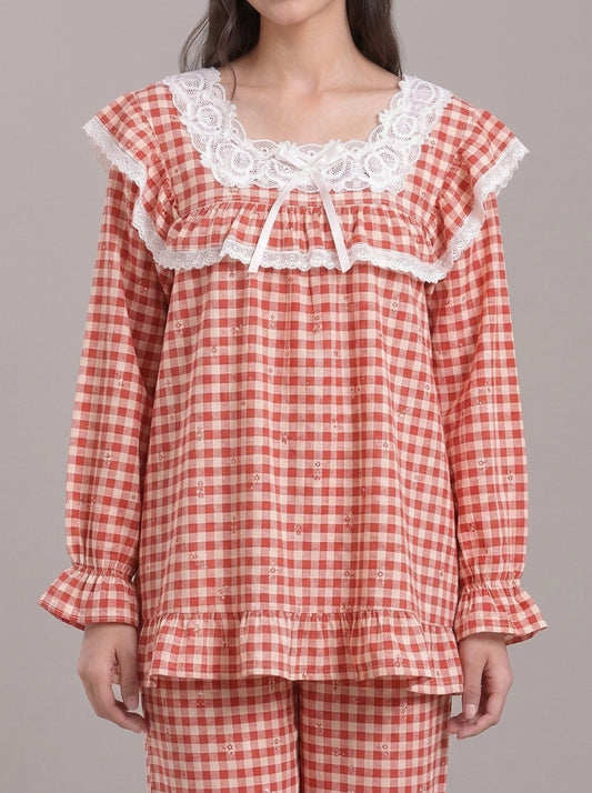 Lace-Trimmed Plaid Lounge Set