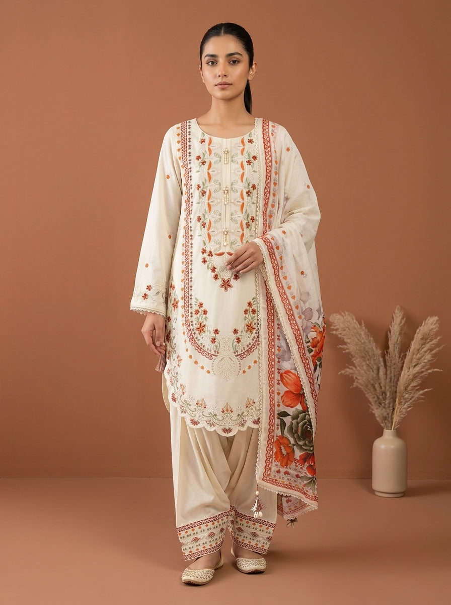 Embroidered 3-Piece Suit Set with Floral Dupatta
