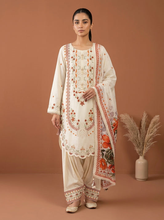 Embroidered 3-Piece Suit Set with Floral Dupatta