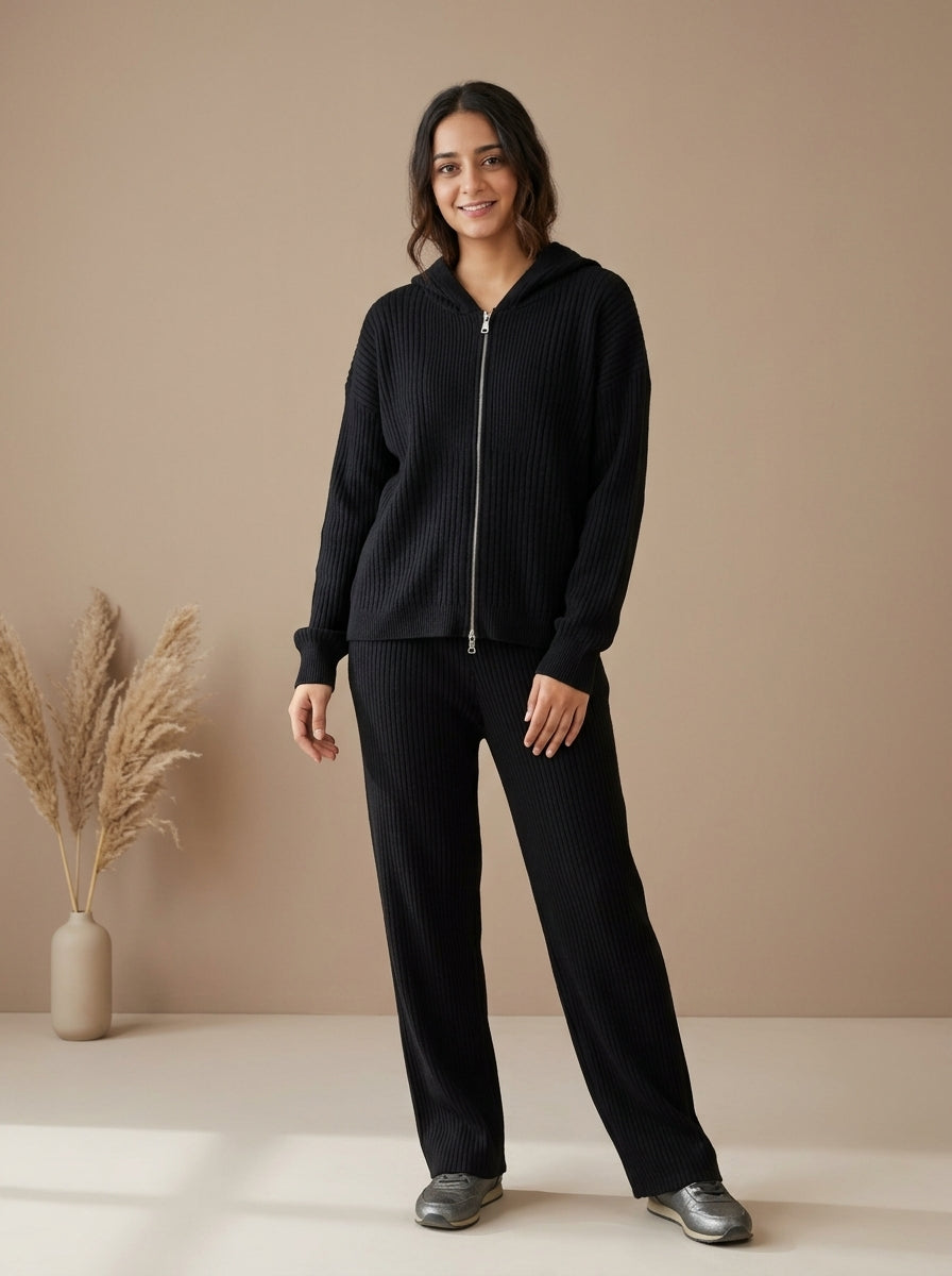 Ribbed Knit Hooded Vest, Inner Top & Wide-Leg Trouser 3-Piece Co-ord Set
