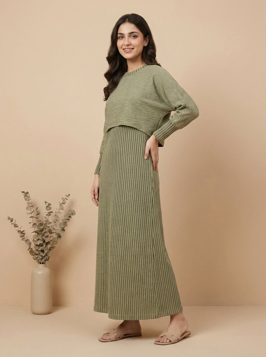 Striped Layered High-Neck Maxi Dress Set