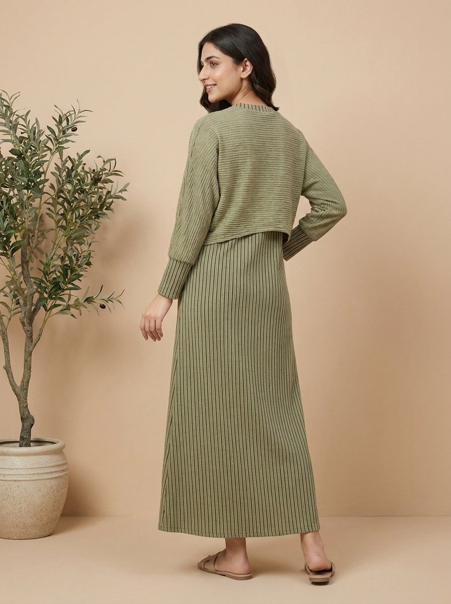 Striped Layered High-Neck Maxi Dress Set