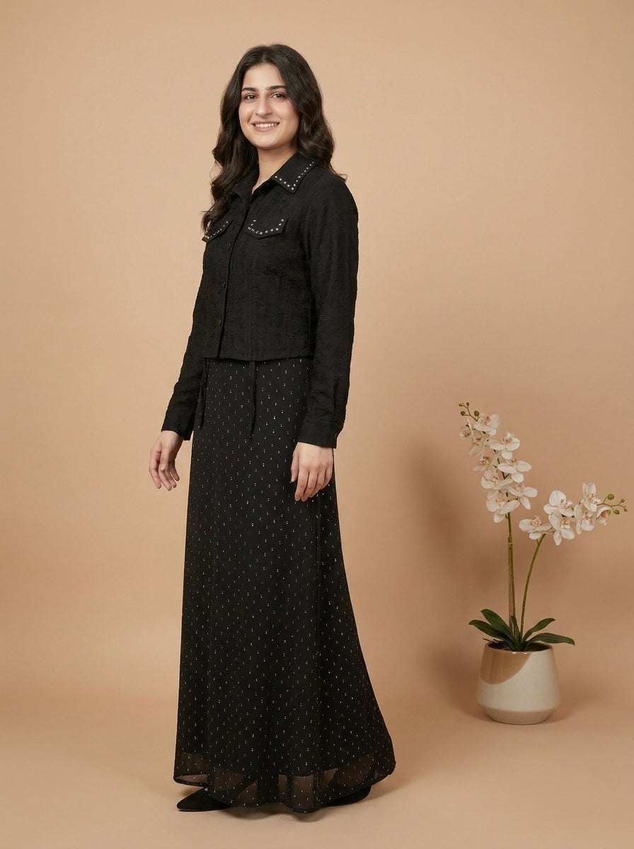 Studded Cropped Jacket with Patterned Maxi Dress Set