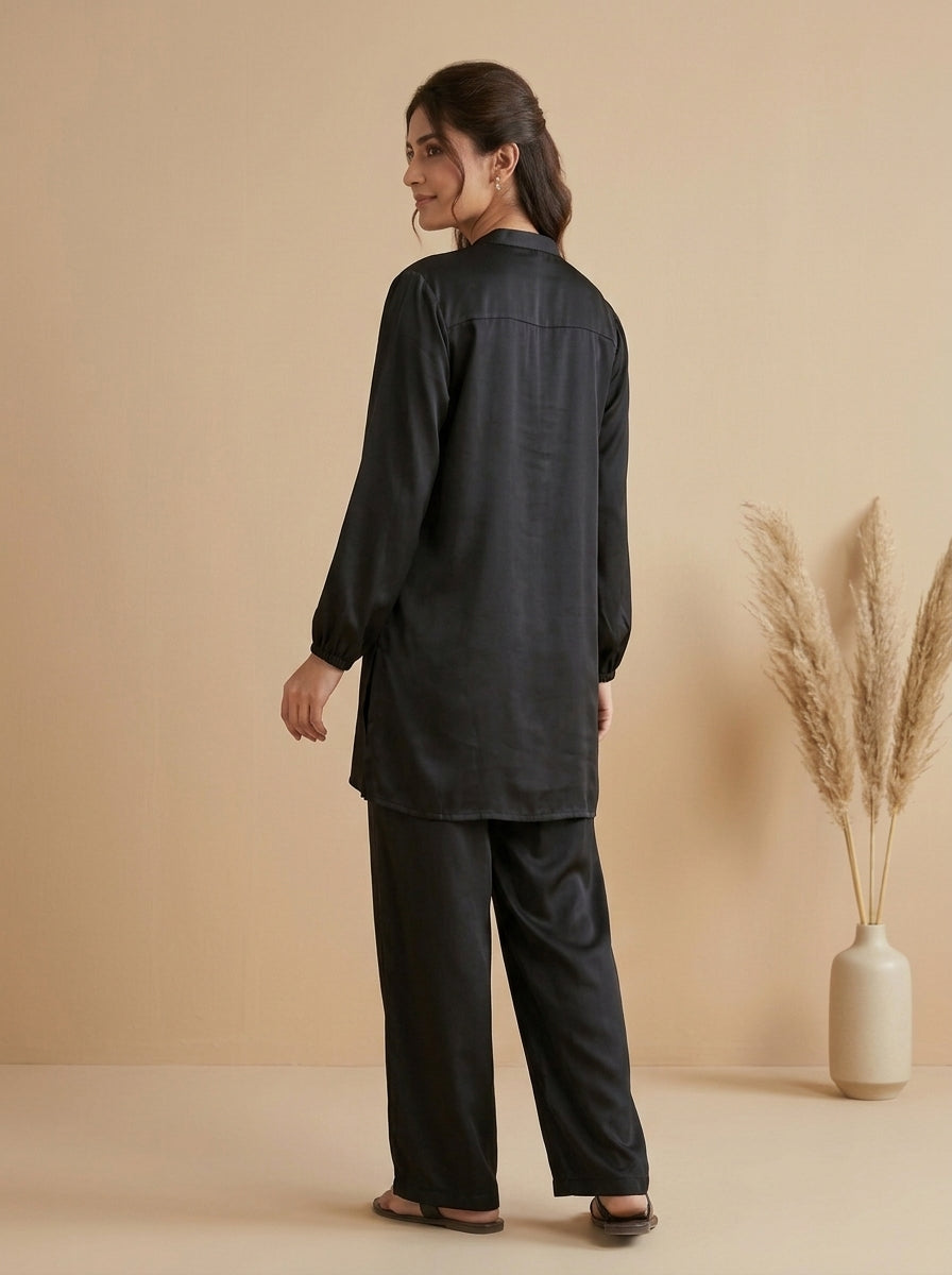Floral Embroidered Button-Front Shirt with Trousers