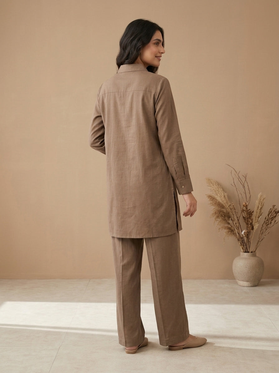 Floral Embroidered Button-Front Shirt with Trousers